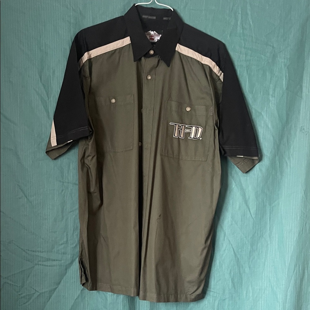 Harley Davidson Green and Black Short Sleeve Button-Up Shirt